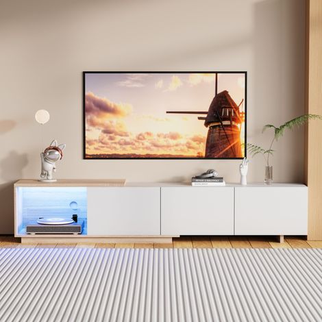 JOOKGBD-TV-Schrank 240x38x44 cm mit LED-Beleuchtung,ausziehbarer Fernsehtisch 163-240 cm,Lowboard mit 3 Schubladen und offenen Fächern, Hochglanz Schwarz und Naturholzoptik,für Wohnzimmer,Weiß