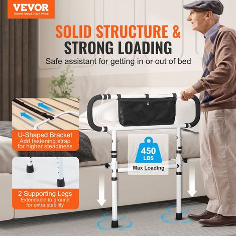 Barrière de Lit pour Adultes Personnes Âgées Pliable 180° Rail de Lit d'Assistance Protection Latérale Charge 204 kg Poignée Réglable à 4 Niveaux Poche de Rangement pour Lit Double King Queen (1/5)