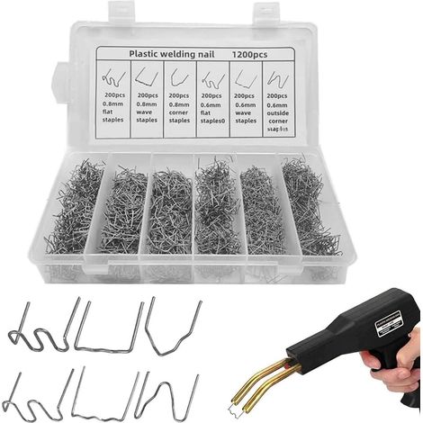 1200 Agrafes Chaudes en Acier Inoxydable, Accessoires de Soudage 0,8 mm / 0,6 mm, Kit de Réparation de Pare-chocs, pour Réparation de Soudure Plastique de Voiture (1/5)