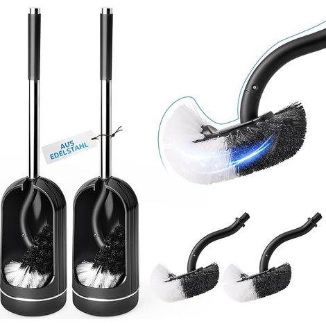 Toilet Brush Set with Brush Holder, Curved Toilet Cleaning Brush with Replacement Brush Heads, Toilet Brush and Holder Set (Black) (1/5)