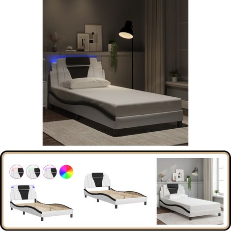 Bettgestell mit LED Weiß und Schwarz 100x200 cm Kunstleder - Bettstellengestell - Schlafzimmermöbel - Doppelbett - Lederbettwäsche - LED Beleuchtung