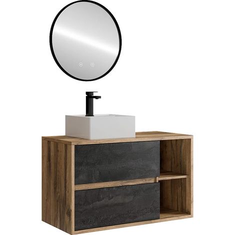 Meuble de salle de bain suspendu avec vasque carrée, robinet et miroir - Coloris naturel et anthracite - 100 cm - TIKITIKI (1/5)