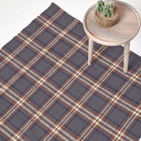 HOMESCAPES Hamilton Handwoven Grey and Brown Tartan 100% Cotton Rug, 150 x 240 cm (1/4)