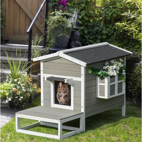 Casetta per gatti 115x66,5x74,7 cm in legno grigia con terrazza, per esterni – MEUBLIV (1/5)