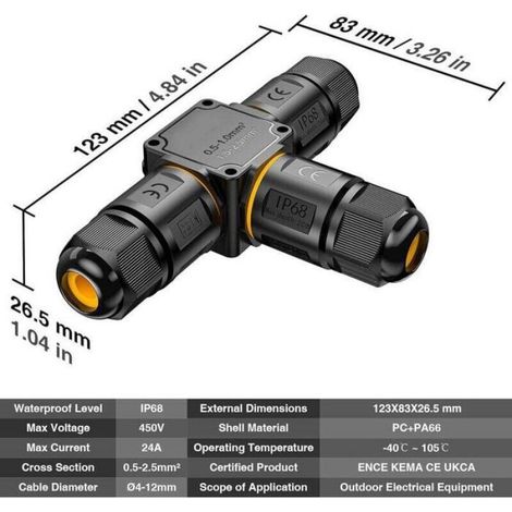 Boîte De Jonction Étanche - IP68 - 3 Voies - Pour Câbles 6 À 11 Mm - Extérieur - 123 X 83 X 26,5 Mm - Noir (1/4)