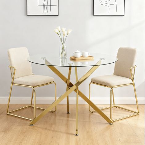 Table ronde in vetro temperato trasparente e metallo oro 80x80x76 cm, per 2-4 persone (1/5)