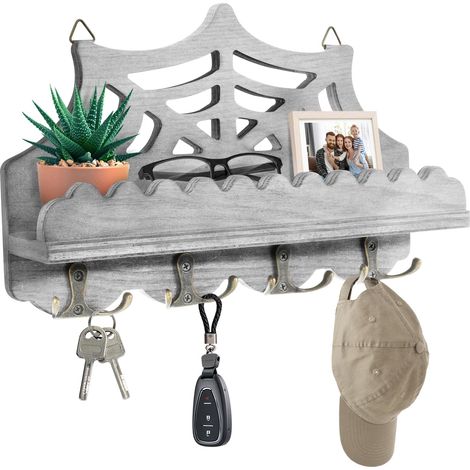 Porte-clés mural en bois avec 9 crochets à clés, étagère à clés avec étagère pour courrier, téléphone, petite décoration, idéal pour entrée, bureau et couloir (1/4)