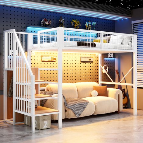 Lit Mezzanine 90x200 cm en Métal avec Échelle et Rangement, LED, Garde-Corps Sécurisé, Lit Surélevé Gain de Place pour Enfant, Adolescent, Blanc (1/5)