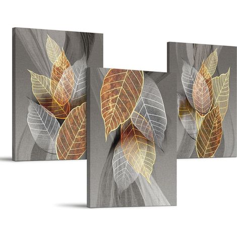 Wandbild Blätter Natur Golden Pflanzen Leinwandbild 40x58cm 3Stück bunt (1/5)