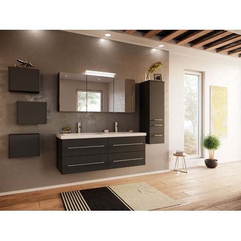Badmöbelset Persepolis XL 4-teilig Spiegelschrank Seitenschrank 3er Boxen grafit (1/5)