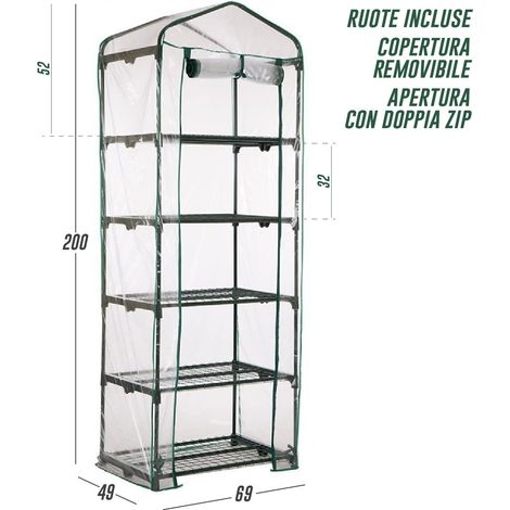 Serra per vasi e piante da balcone terrazzo e giardino 5 ripiani con copertura removibile e ruote serra giardinaggio (1/2)