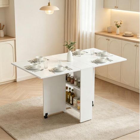 Tavolo pieghevole allungabile 75 x 140 cm con ruote e vani, bianco DESVIAE (1/5)