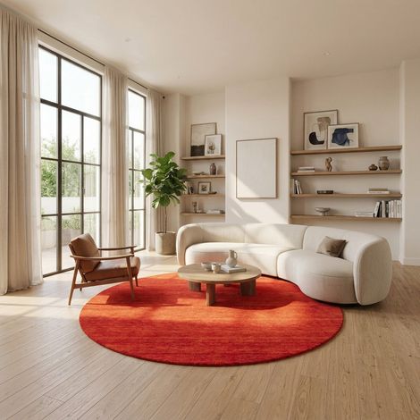 Tapis Gabbeh tissé Tapis Uni - Tapis en laine - 200x200cm, Round - 100% Laine vierge - Tissé main - Rouille