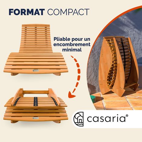 CASARIA® 2x Chaise longue à bascule JAVA en bois d'acacia certifié FSC Pliable transat ergonomique jardin Sauna Capacité de charge 160kg