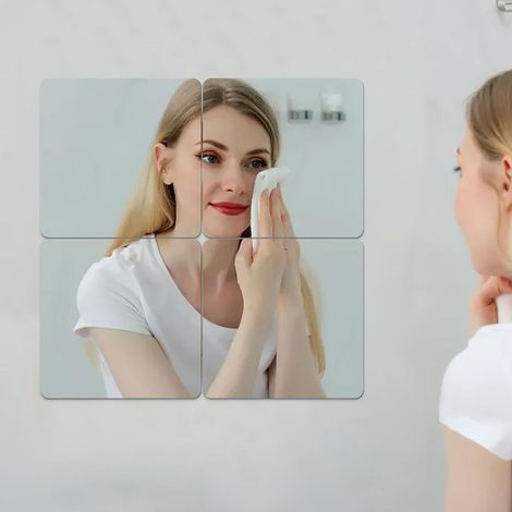 Lot de 4 miroirs autocollants muraux 20x20 cm en acrylique pour armoire, porte, chambre. (1/5)