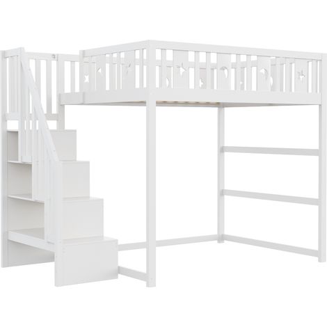 Cama alta infantil 140 x 200 cm con escalera y barrera blanca HOMVRA (1/5)