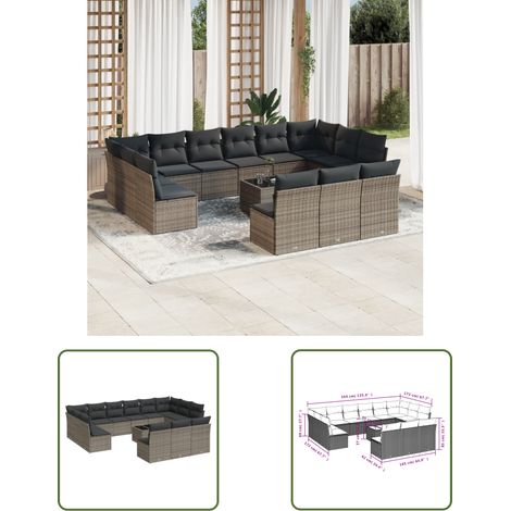 The Living Store 14-tlg. Garten-Sofagarnitur mit Kissen Grau Poly Rattan - Gartenmöbel Set - PE-Rattan Möbel - Outdoor Sofa - Esstisch - Lounge Garnitur (1/3)
