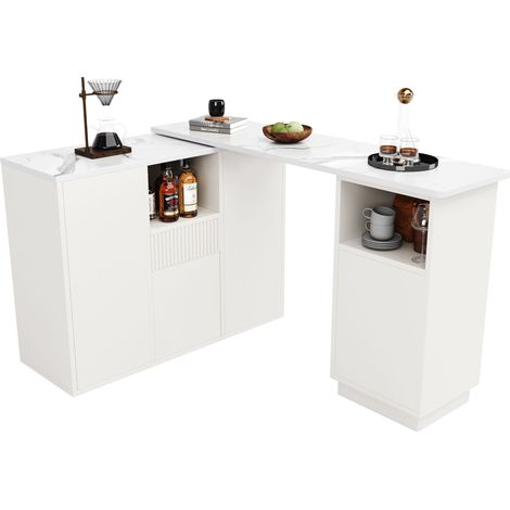 Îlot de cuisine pivotant à 360 degrés, meuble bar blanc moderne en MDF avec plateau effet marbre et rangements, 210 x 30 x 100,9 cm (1/5)