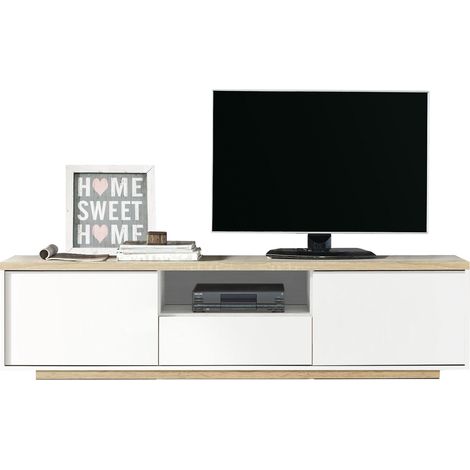 Meuble TV coloris Blanc / Chêne Cambrian - longueur 183 x profondeur 35 x hauteur 46 cm -PEGANE-
