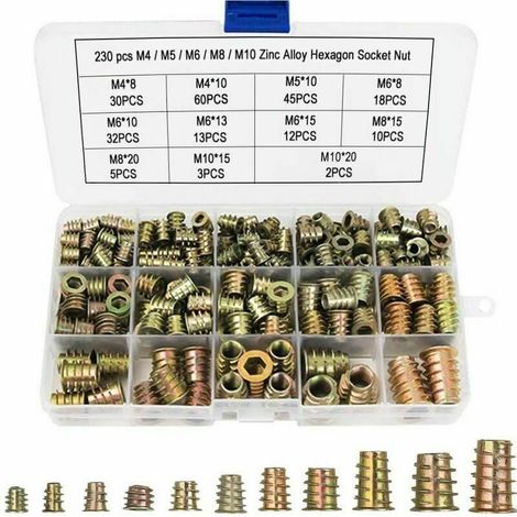 Dadi esagonali XVX M4 M5 M6 M8 M10 con inserti filettati, dadi esagonali filettati in lega di zinco (230 pezzi) (1/4)