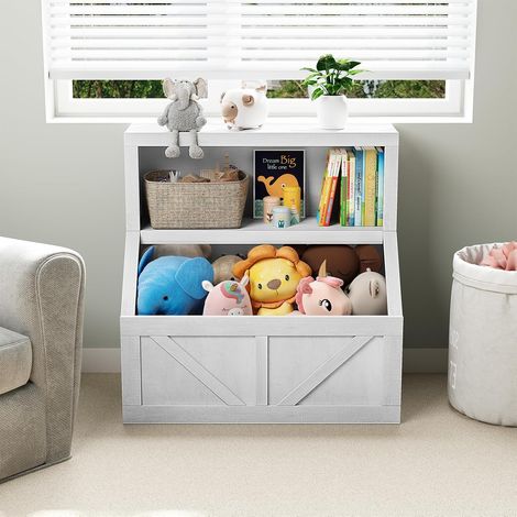 Bibliothèque en bois blanc antique pour tout-petits avec rangement jouets au sol, chambre et salle de jeux (1/5)