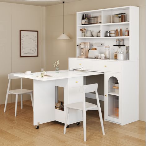 Credenza cucina alta in MDF bianco 120x45x180 cm con piano di lavoro, 2 cassetti, ripiani aperti e pannello con ganci (1/5)