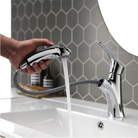 Rubinetto per bagno con doccetta estraibile, rubinetto monocomando per bagno, cromato. (1/5)