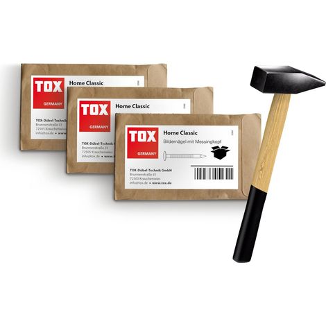 Clous Bildernagel Classic 3 tailles + marteau serrurier 300g. Acier trempé, tête laiton, emballage recyclable. Tailles 2,0x25/30/50mm, 20 pcs chacun, réf. 063909003. (1/5)