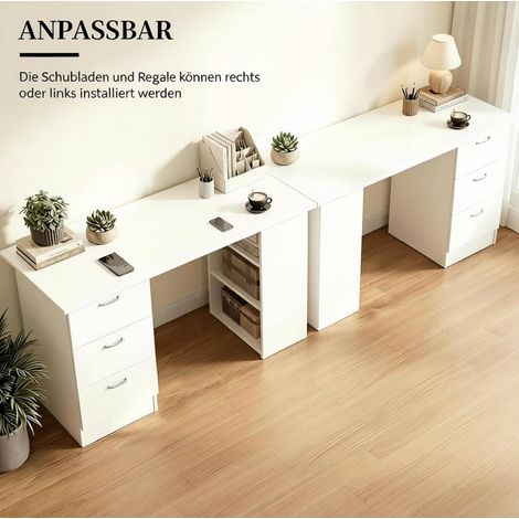 Bureau informatique en MDF blanc avec 3 tiroirs et étagères, 120 x 49 x 72 cm (1/5)