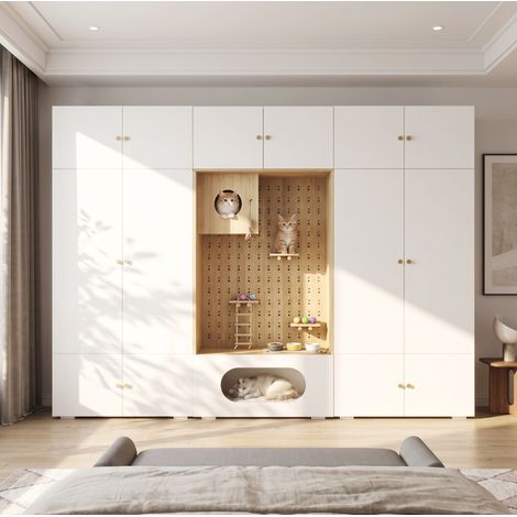 Armadio con spazio per gatti, 1 asta appendiabiti, parete da arrampicata per gatti, contenitore, 270x50x202 cm, bianco e legno (1/5)