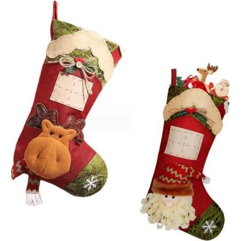 2 Chaussettes de Noël, Tissu rouge, 50x29CM, Décoration festive, Sac à suspendre cadeau, Intérieur maison (1/4)