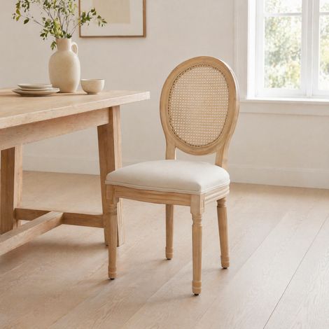 Chaise salle manger style français rotin tissu beige OKMYHOME (1/5)
