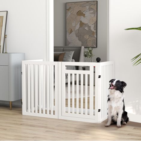 Barrera plegable para perros de 4 paneles, MDF blanco, 81 cm, independiente OKWISH (1/5)