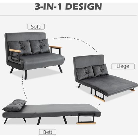 Canapé convertible 2 places velours, lit intégré, 2 coussins assortis, teinte naturelle + gris anthracite + noir (1/4)