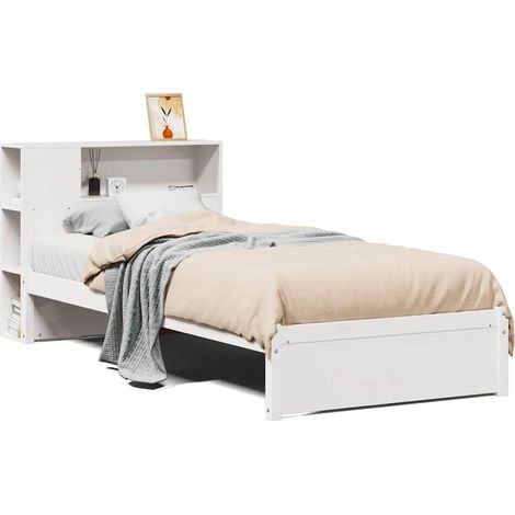 Lit simple  Lit adulte  Lit bibliothèque sans matelas blanc 75x190cm bois de pin massif