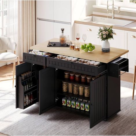 Desserte de cuisine avec plateau rabattable, tiroirs, rangement et roulettes, 137x89,5x45 cm, naturel et noir (1/5)