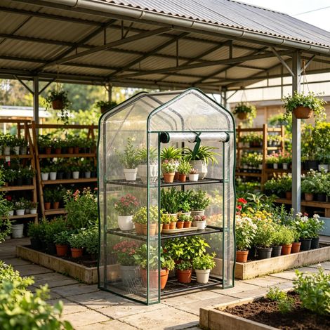 Serre à trois niveaux pour le jardin, en métal thermolaqué, vert transparent (1/5)