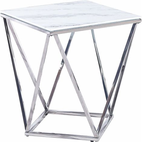 Bout de Canapé ALINA Chrome & Marbre Blanc – 50x50x56 cm (1/5)