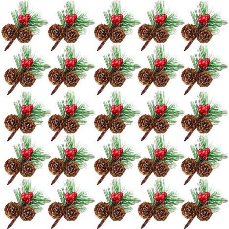 25 PCS Mini Pics de pin artificiels avec Baies Rouges et Pommes de pin Naturelles, brins de pin à Feuilles persistantes de Noël et Baies de Houx, Aiguilles de Faux pin de Festival (1/5)