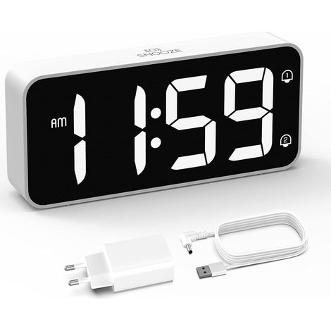 Reveil, Réveil Numérique avec Grand écran LED, 5-100% Luminosité, 90-120 DB Volume, 2 Alarmes, 12/24H, Fonction Snooze, Reveil sur Secteur (Adaptateur Inclure) Blanc (1/5)