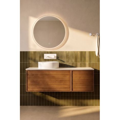 Meuble salle de bain suspendu JANE L120 x H39 x P50 cm couleur noyer BASS  + plateau sans trou robinet