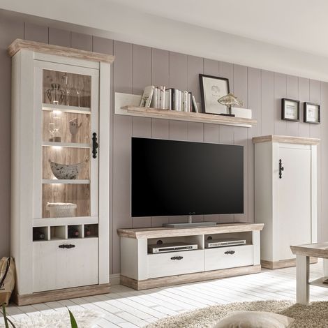 Wohnwand 4-tlg FERNA-61 mit TV-Lowboard im Landhaus Stil in Pinie weiß & dunkel Nb. mit B/H/T ca. 296x201x44cm (1/5)