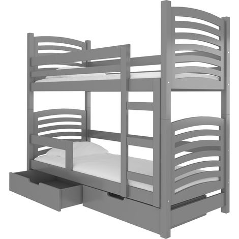 Lit superposé 2 places 80x190 OZURA – Avec matelas et tiroirs de rangement-Gris (1/5)