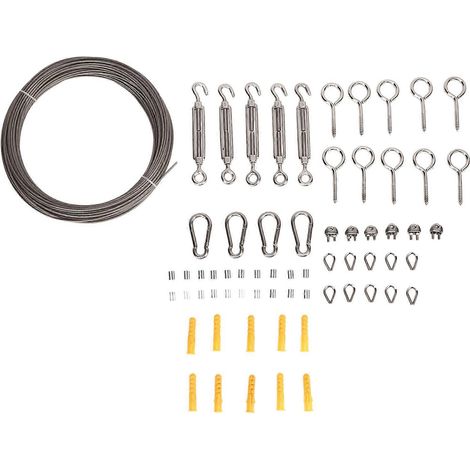 Kit de suspension pour guirlande lumineuse d'extérieur 2024 avec câble en acier inoxydable, mousqueton, tendeur, crochets à œillet et cosse à câble. (1/5)