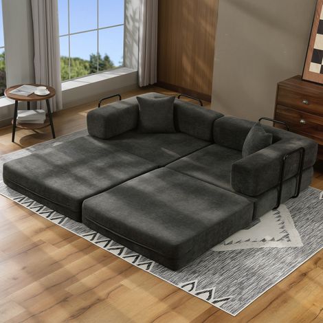 Sofá Cama de 2 Plazas Plegable Tapizado en Chenilla con Acolchado Grueso Reposabrazos Anchos 2 Almohadas Gris Oscuro (1/5)