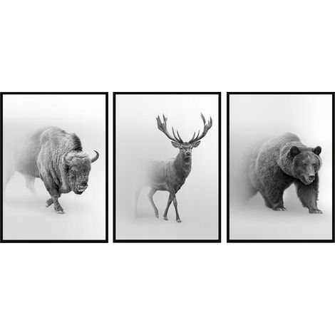 QUADRO INCORNICIATO 73x53cm Trittico Set di 3 dipinti Animali Cervo Bisonte P1021 (1/3)