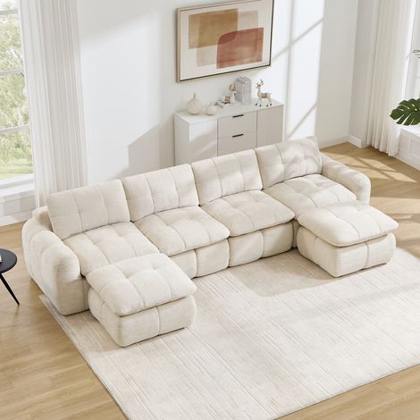 Canapé 4 places modulable en U, en chenille sans cadre, avec 2 ottomanes, assise large capitonnée, mousse haute densité 32D, Beige, 334 x 160 x 68 cm, sans montage, pour salon et appartement (1/5)