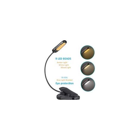 Lámpara de lectura con pinza, 9 LED, recargable por USB, 9 niveles de brillo y 3 temperaturas de color, flexible 360°, ideal para la cama, la lectura, como luz nocturna o lámpara de mesita de noche. -