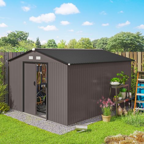 Marron - Abri de jardin acier galvanisé 8,3 m², kit fondation, aérations, toit pente, porte double verrouillable, rangement outils