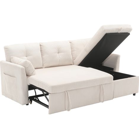 Modulares Eckschlafsofa aus beigem Cord mit Bettkasten und Ausziehbett (1/5)
